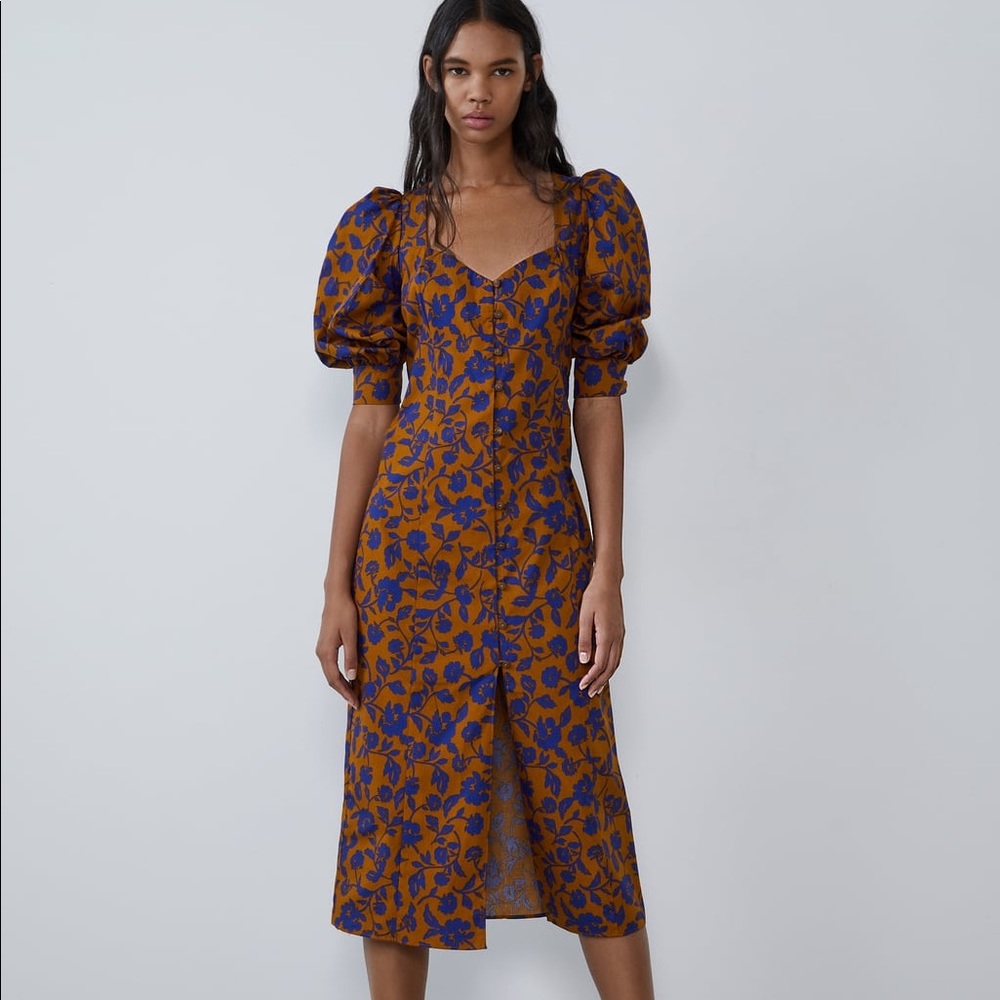 Zara Brown & Blue Floral Puff Sleeve Midi Dress.